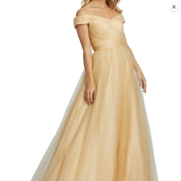 Mac Duggal Champagne Off Shoulder A Line Dress, #48778, Size 10, $286